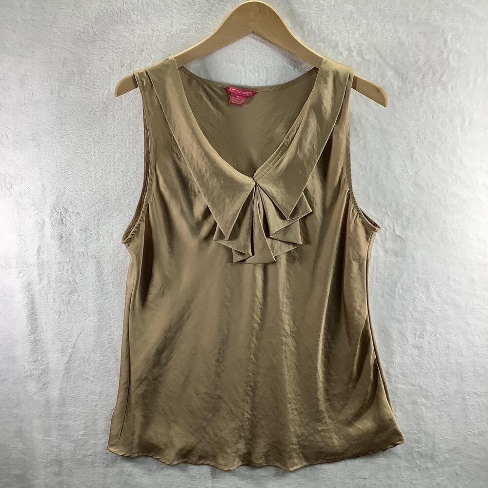 Sunny Leigh Blouse Womens XL Gold Sleeveless V Neck Ruffle Front Satin Top
